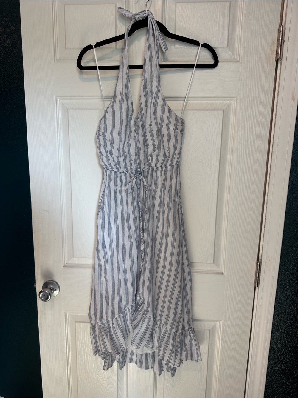 Gilli Halter Midi Dress in Light Gray and White Stripes